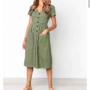 Buttoned V-Neck Dress with Pockets